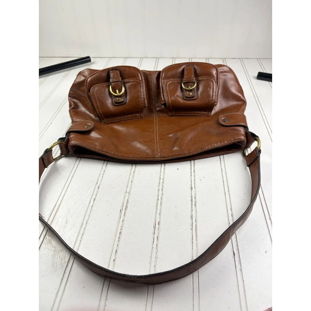 Vintage Y2K Brown Faux Leather Buckle Rustic Hobo Boho Shoulder Bag Purse